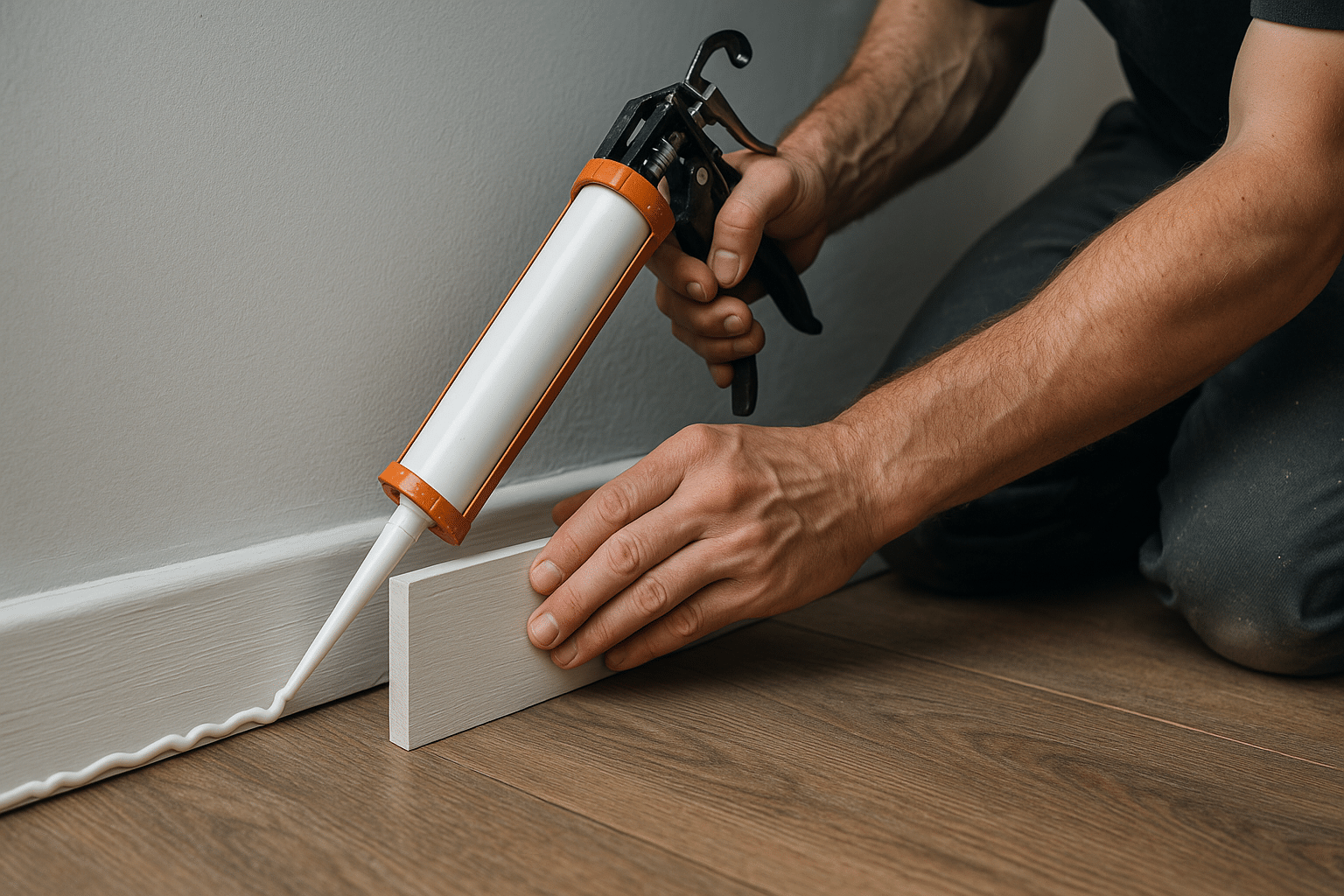 collage de plinthes en bas d'un mur